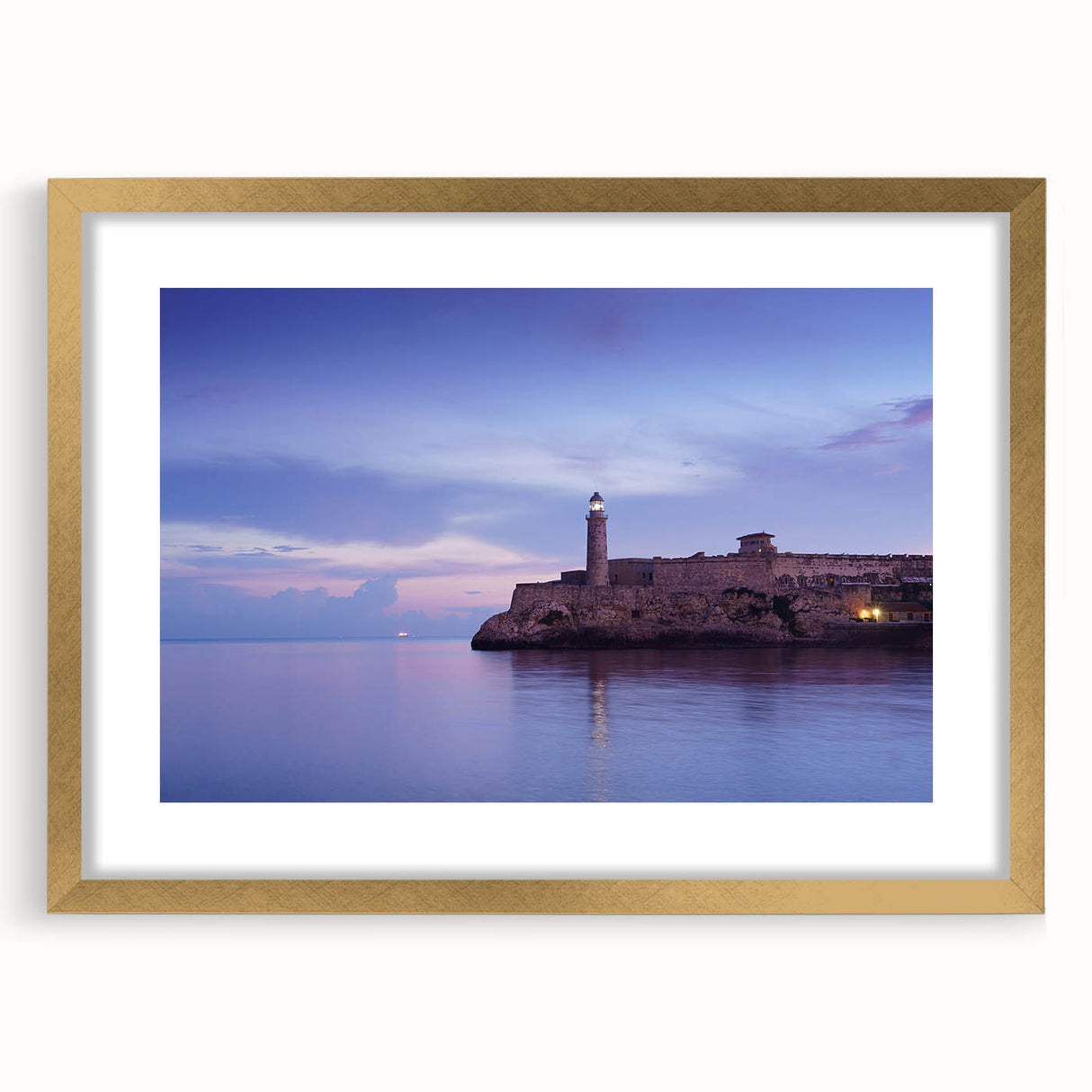 Abstract art print of a Caribbean scene in muted blue and green tones on a framed canvas, suitable for dining room decor.