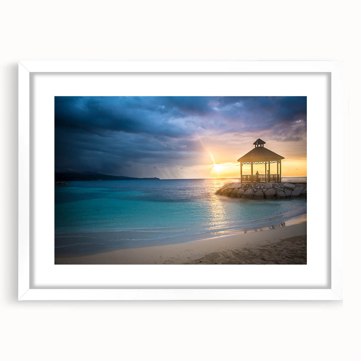 Extra large abstract art print featuring textured Caribbean scenery in vibrant blue and green tones, framed with a white mat.