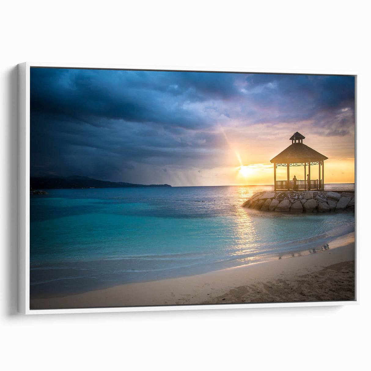 Landscape art painting of a Caribbean scene in vibrant colors on a framed canvas, ideal for living room decor.