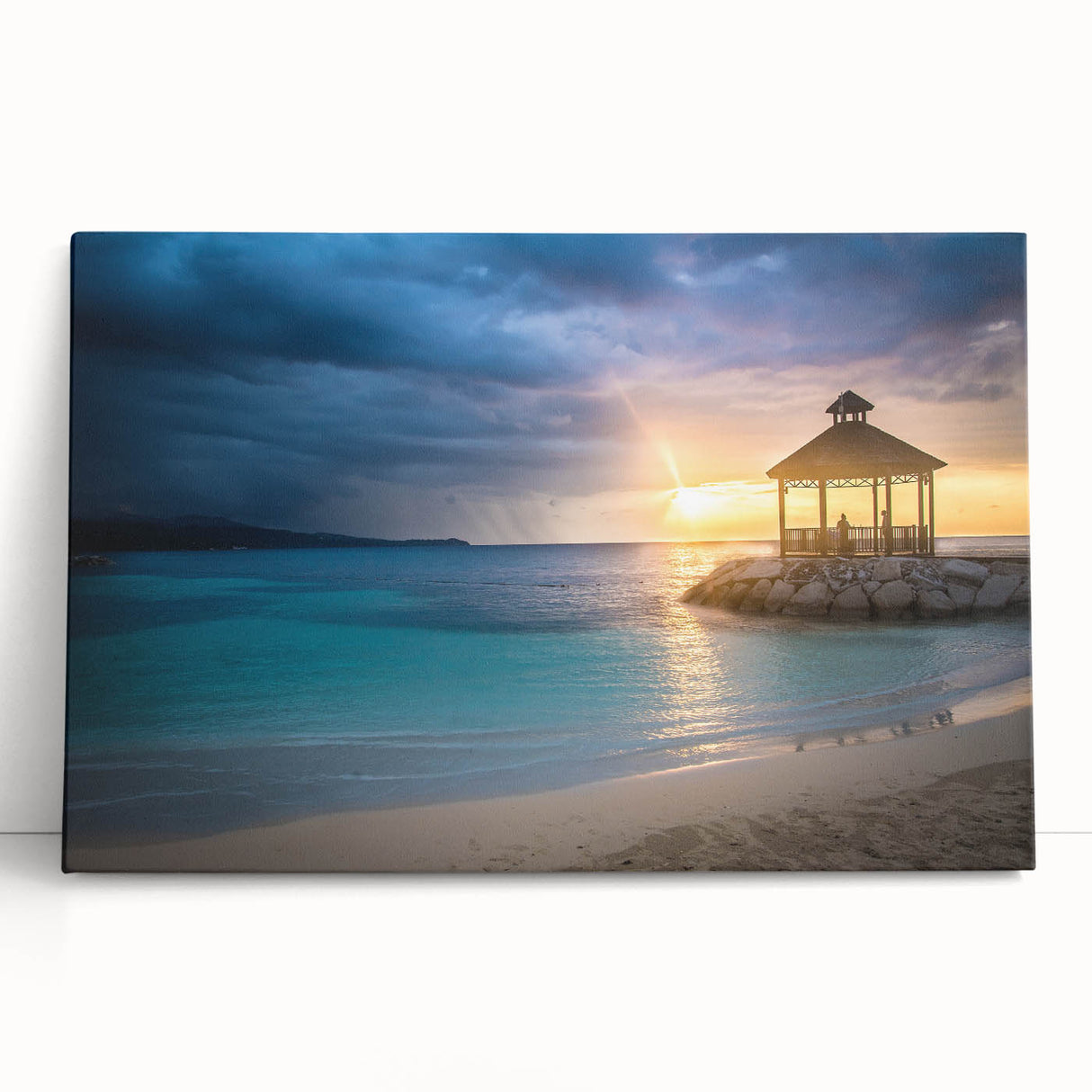 Black and white photo of a Caribbean beach on large stretched canvas, ideal for kitchen wall art.