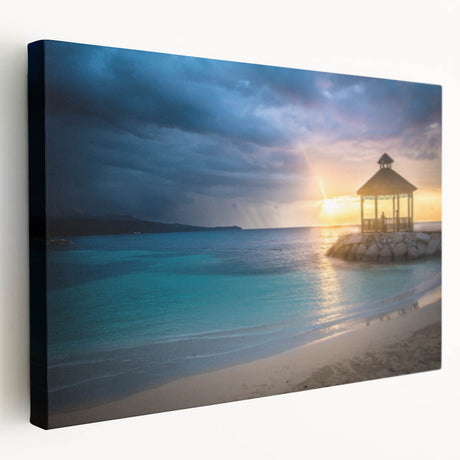 Caribbean beach scene on large stretched canvas with vibrant blue and turquoise tones, ideal for kitchen wall art.