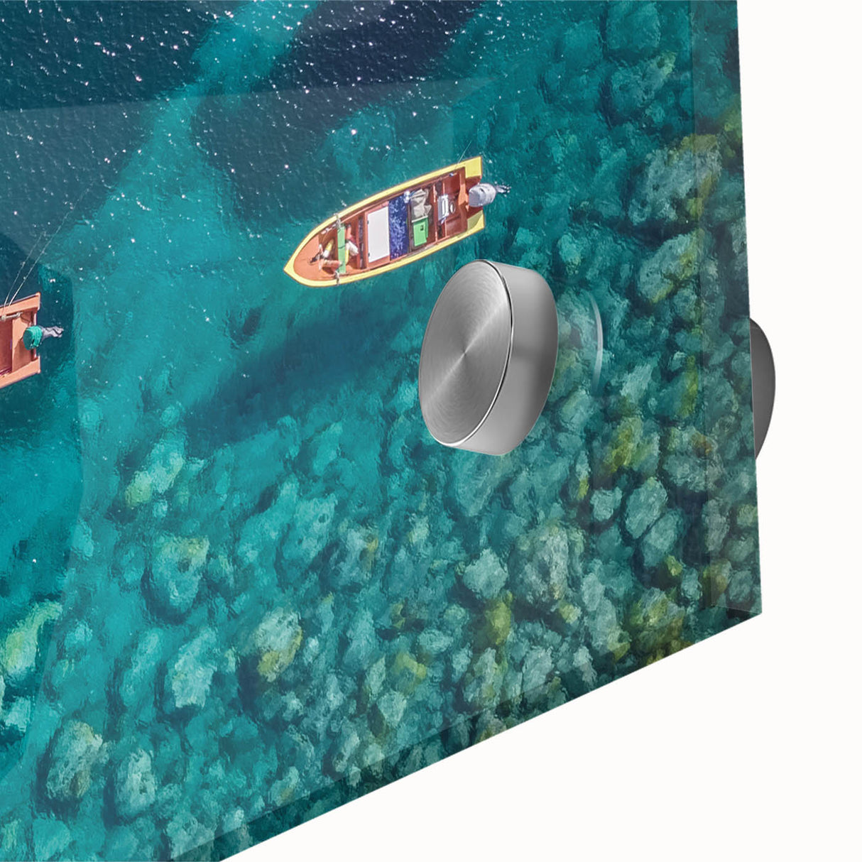 Large abstract wall art depicting a Caribbean coastline on acrylic glass, in blue and green tones, ideal for dining room art.