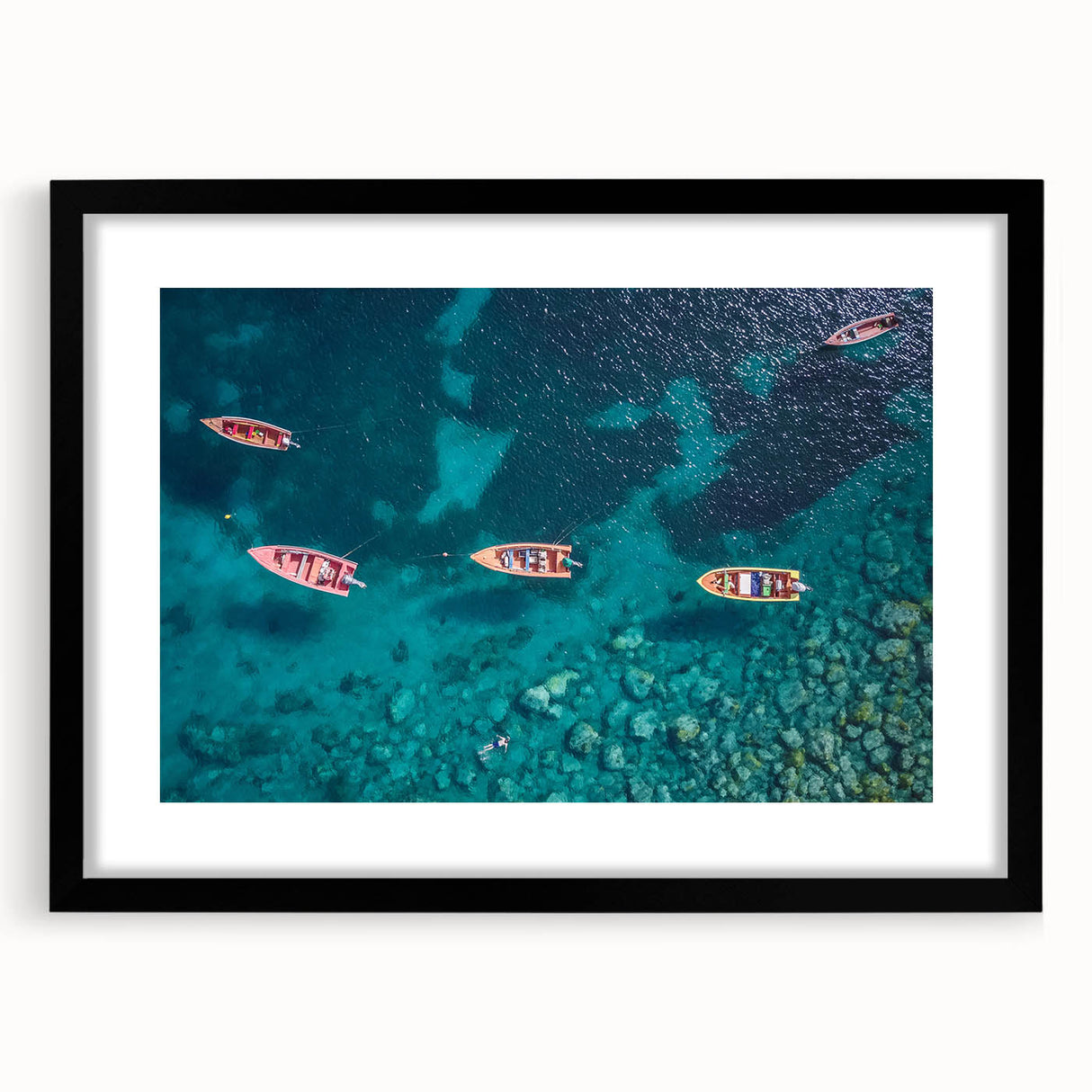 Extra large abstract art print featuring vibrant Caribbean scenery on a textured canvas, framed in black.