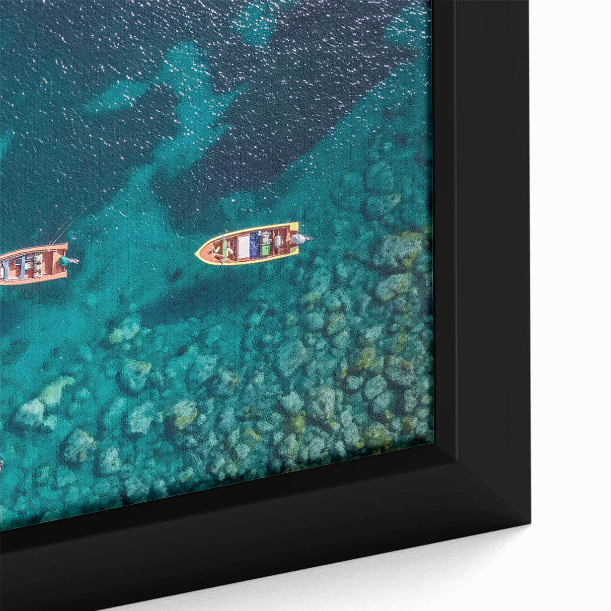 Extra large framed canvas featuring a textured depiction of a Caribbean scenery in vibrant, colorful hues.