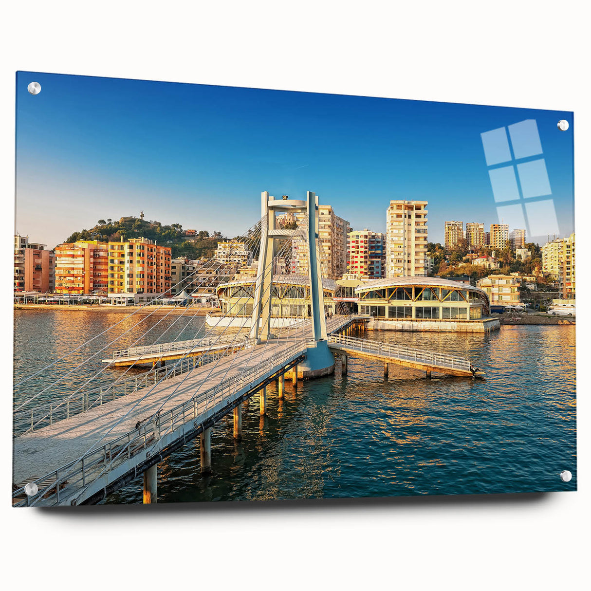 Large abstract wall art of a European scenery in muted earth tones on acrylic glass, ideal for dining room decor.