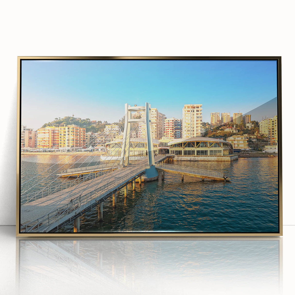 Framed acrylic print of an Albanian landscape in art deco style, featuring muted gold and green tones.