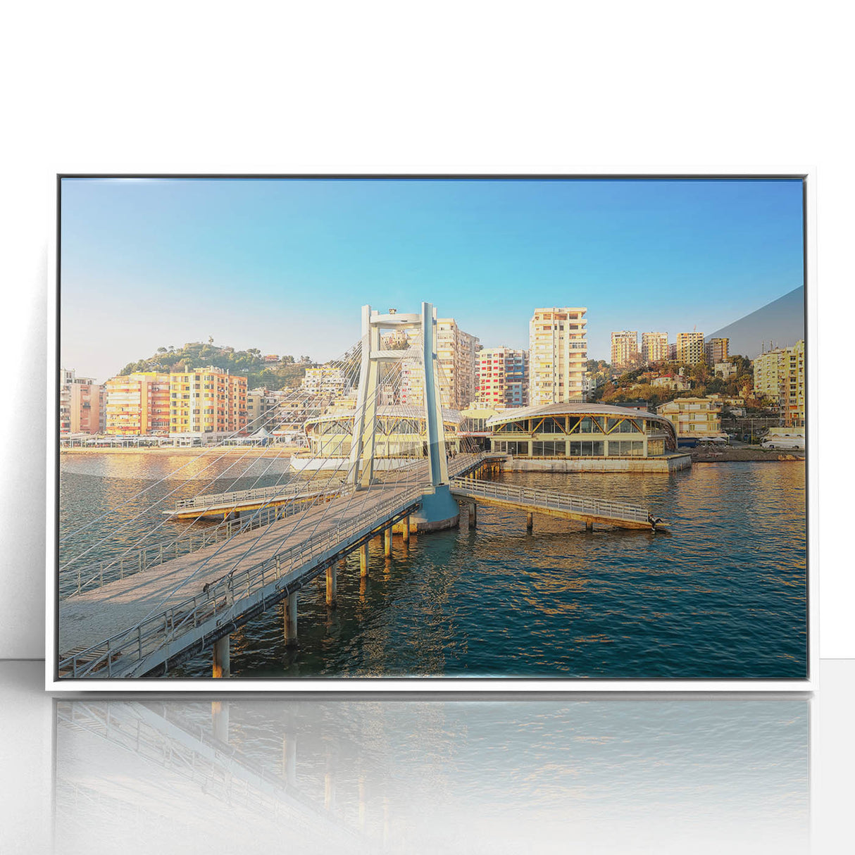 Mid-century modernist art depicting a serene Albanian landscape in muted green and blue tones, framed acrylic print.