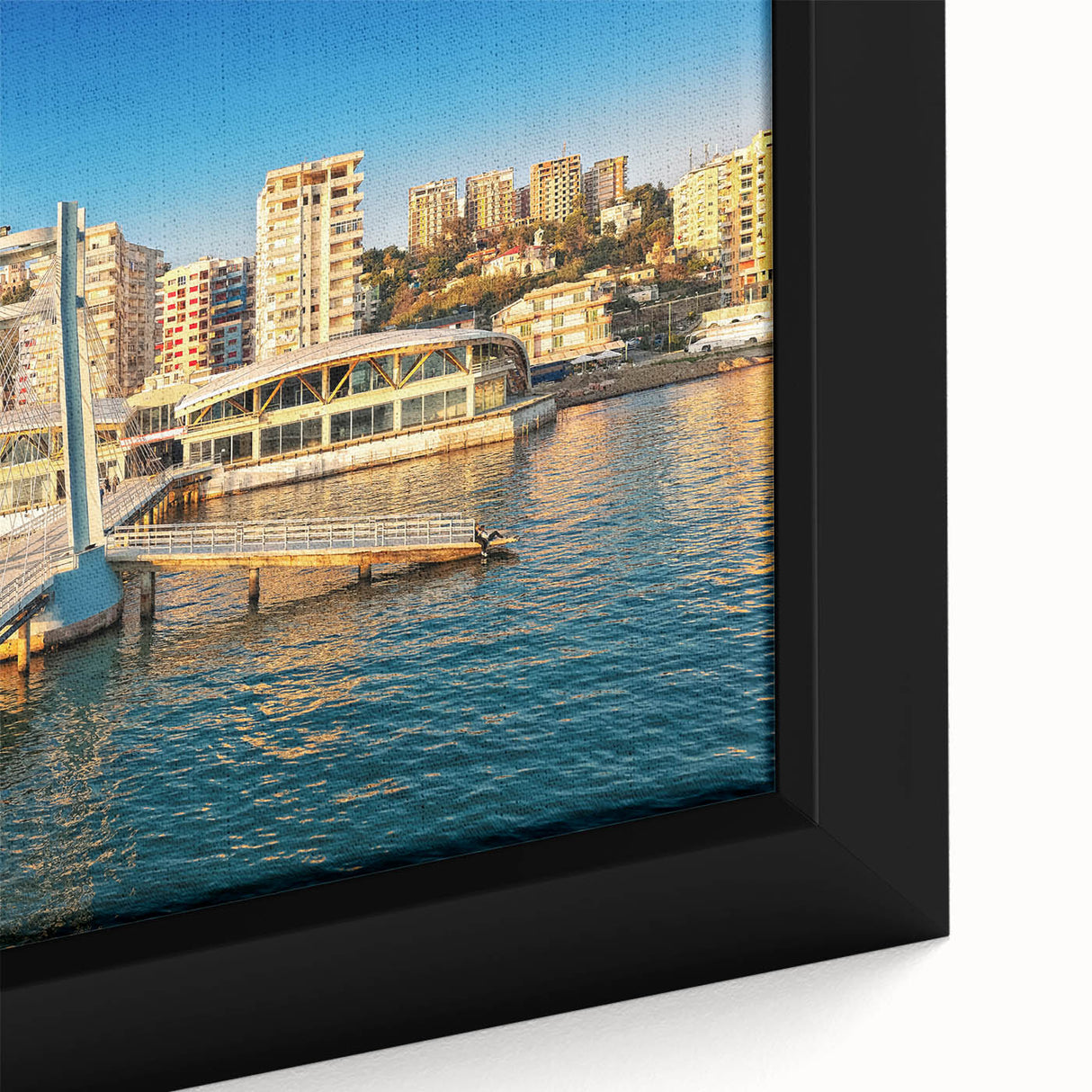 Extra large framed canvas of a textured Albanian landscape in black with colorful art accents, ideal for living room decor.