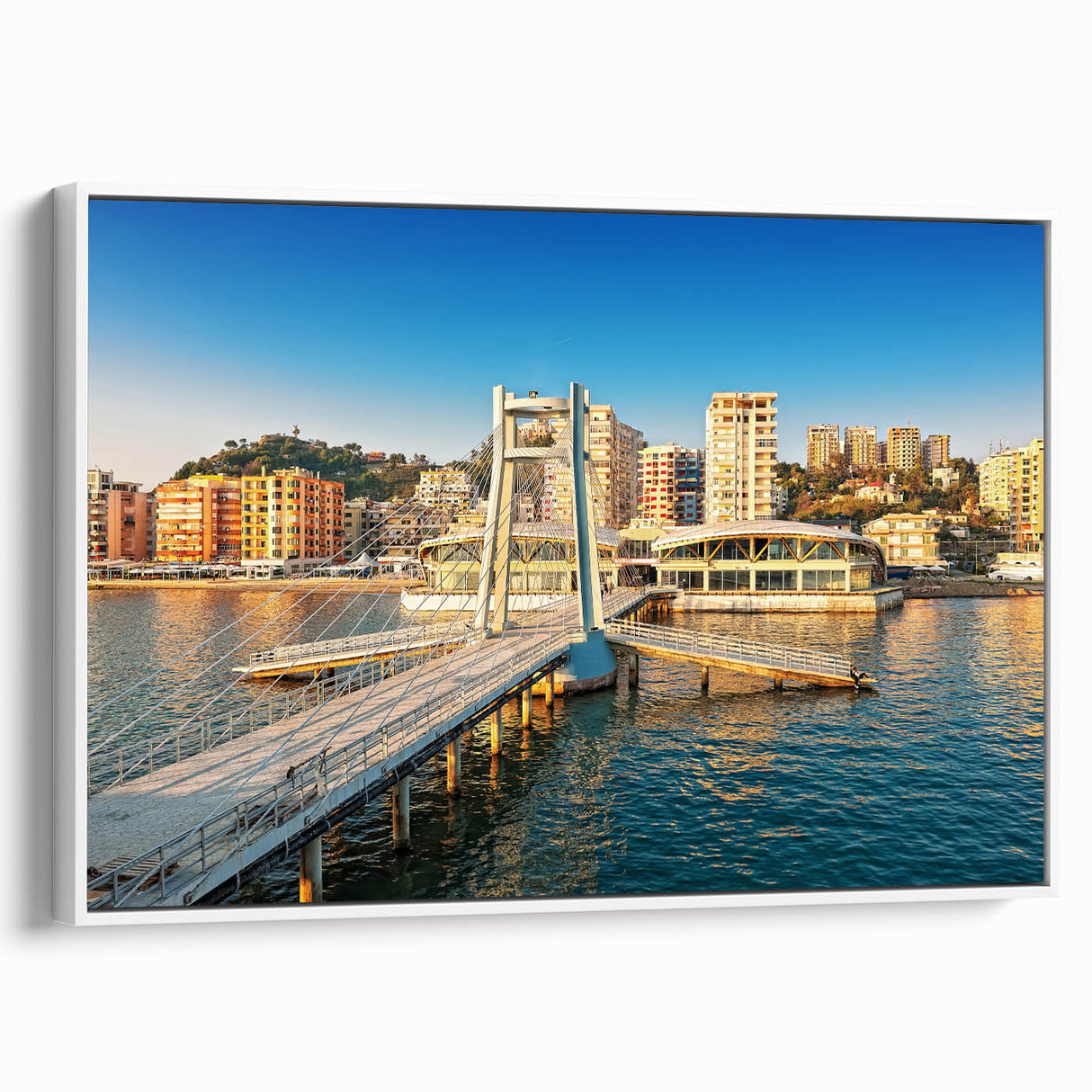 Vintage poster art of a scenic Albanian landscape on a framed canvas, featuring colorful art in extra large size.