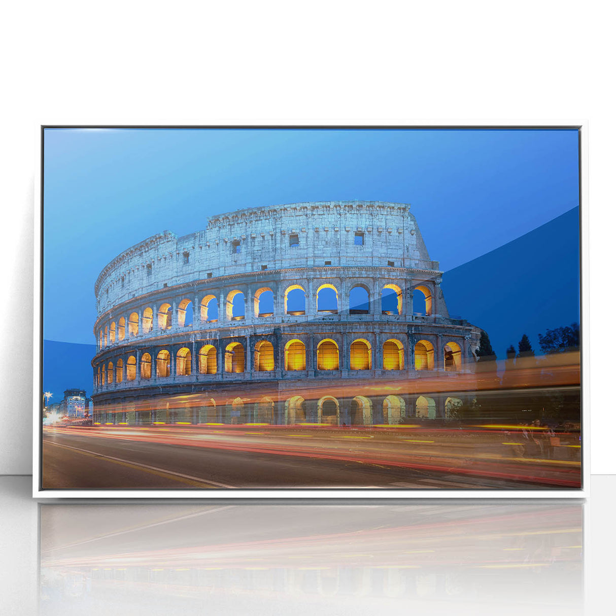 Mid-century modernist art of the Colosseum in pastel shades on a white framed acrylic, ideal for modern art wall decor.