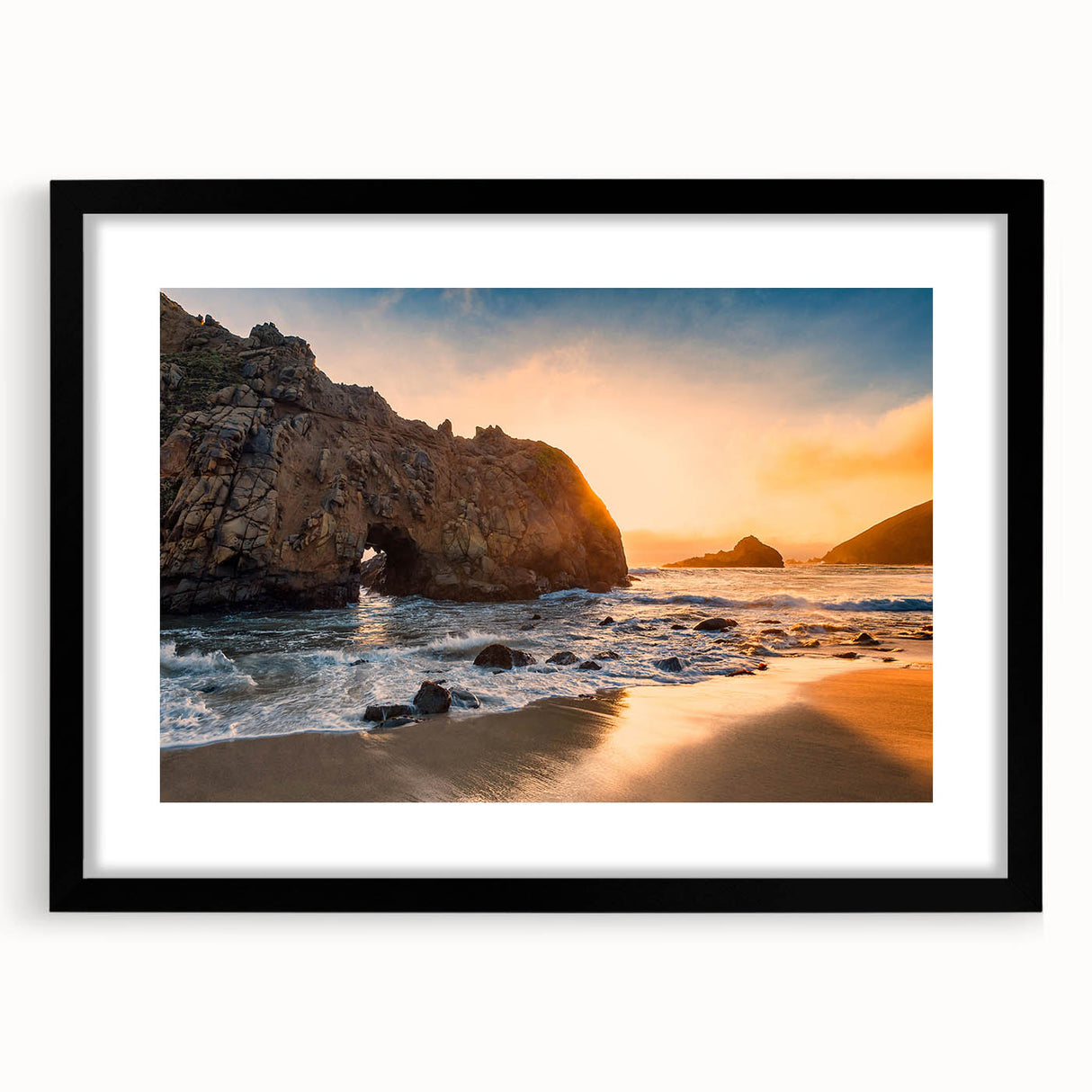 Abstract art print of California's Big Sur in vibrant colors on a large framed canvas, ideal for living room decor.