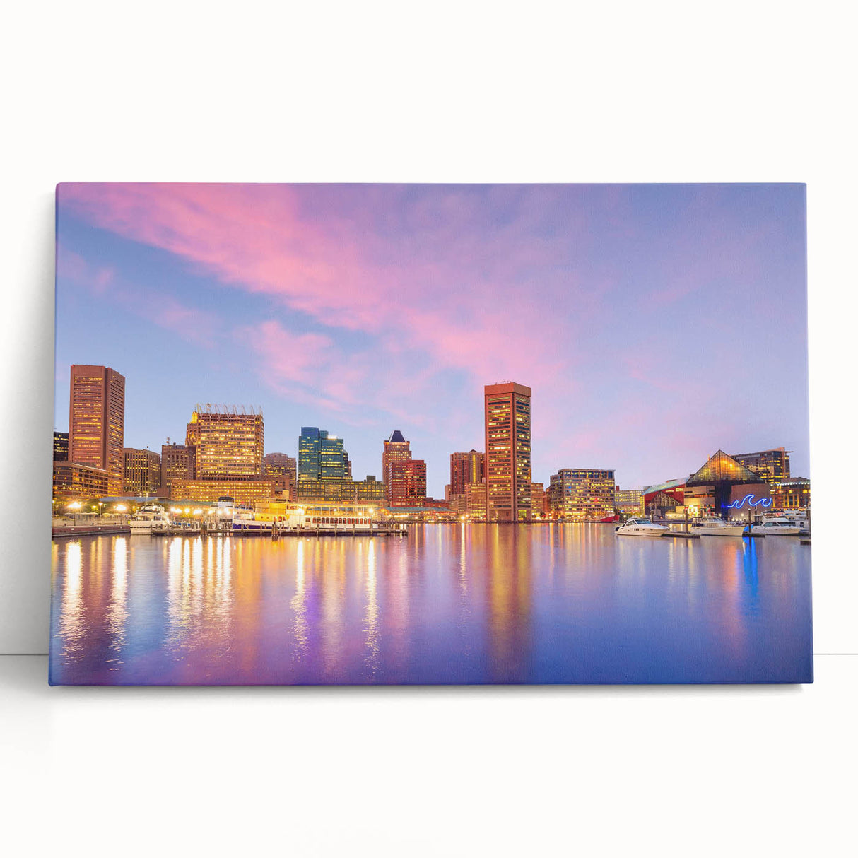 Black and white stretched canvas of Baltimore skyline, ideal for kitchen wall art.