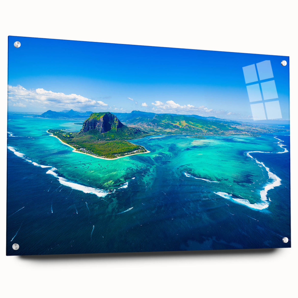 Large abstract wall art depicting the scenery of Mauritius in vibrant colors on acrylic glass, ideal for dining room decor.