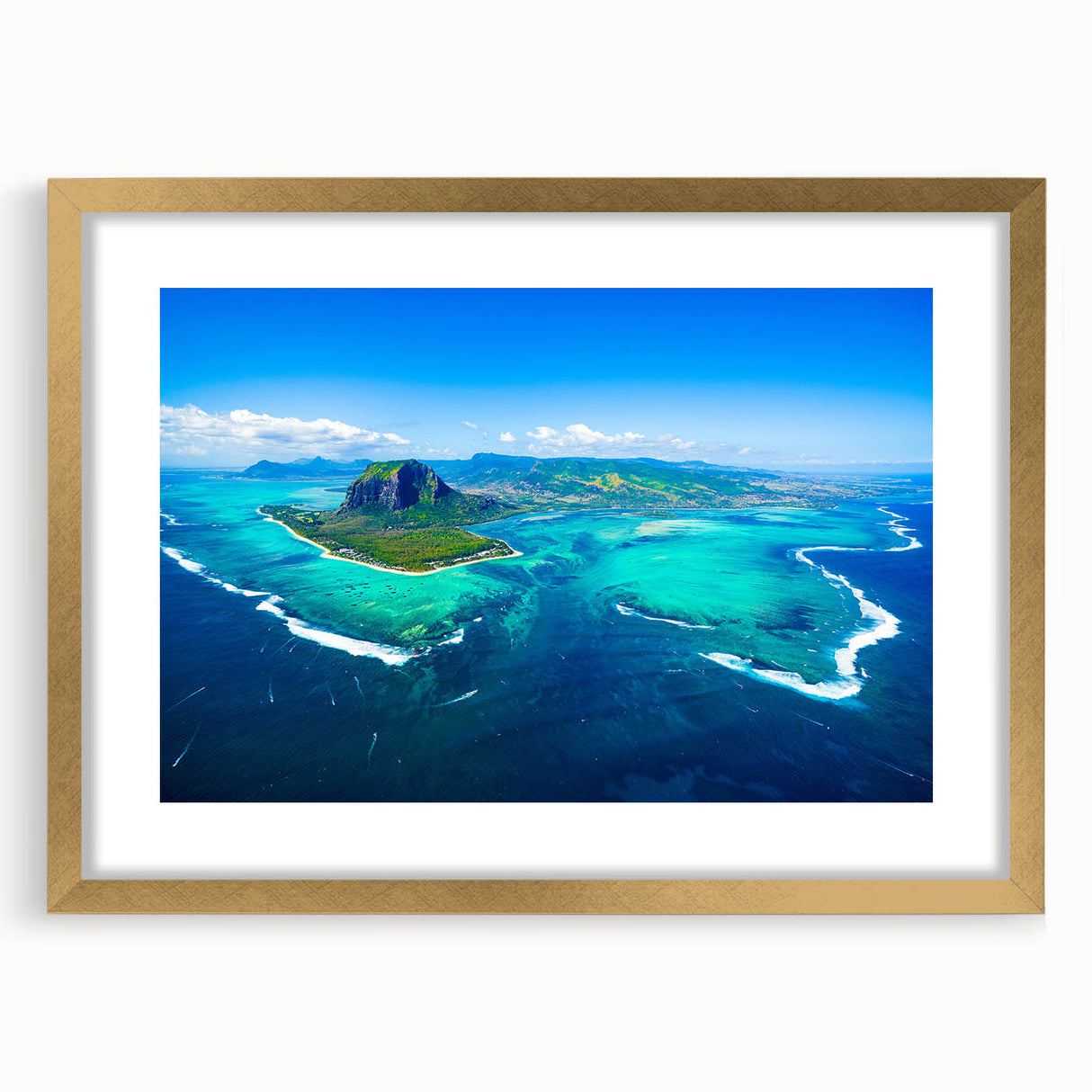 Textured abstract art print depicting a serene Mauritius landscape in muted earth tones on a framed canvas.