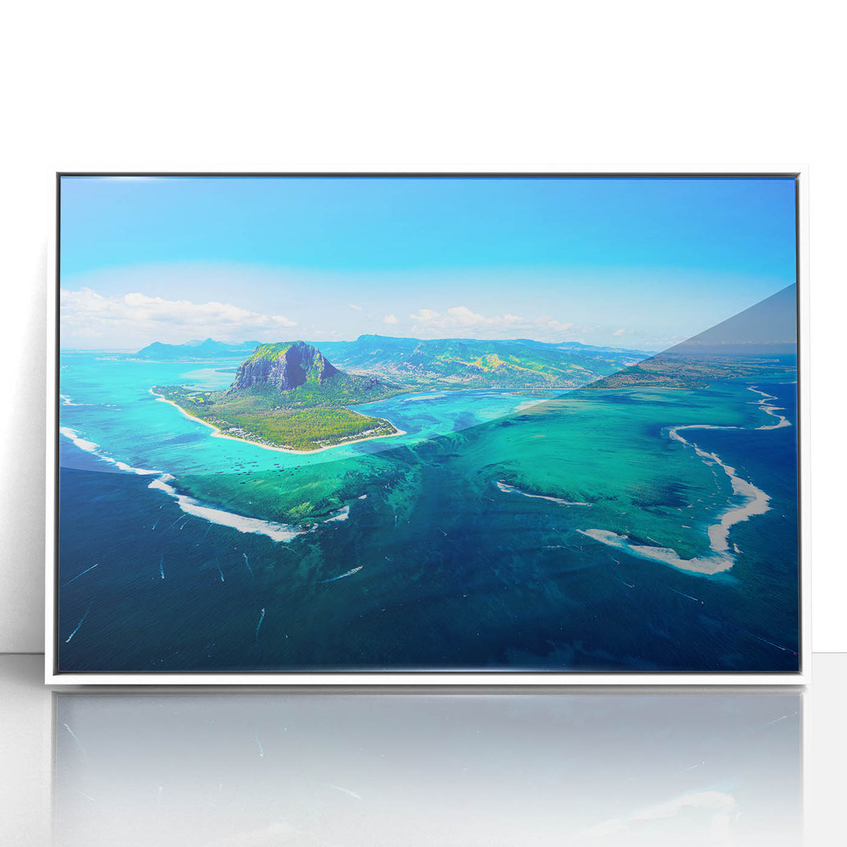 Acrylic print of a Mauritian landscape in mid-century modernist style, featuring muted earth tones.