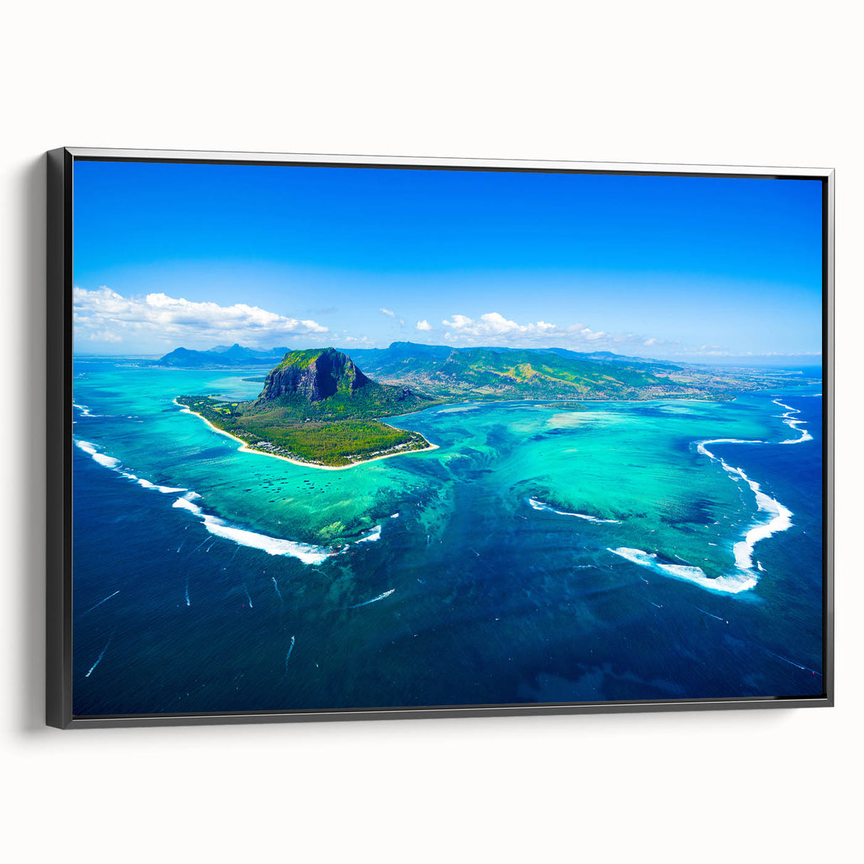 Framed canvas featuring a black and white vintage landscape of Mauritius, ideal for bedroom decor.