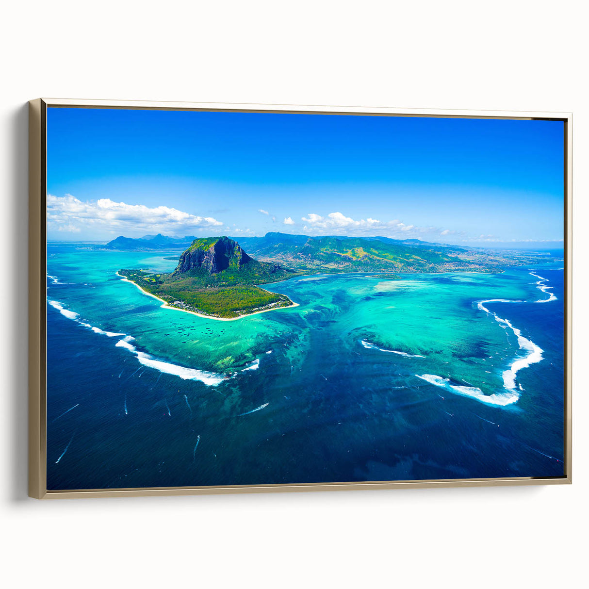 Framed canvas featuring a vintage-style landscape painting of Mauritius with colorful art on a black background.