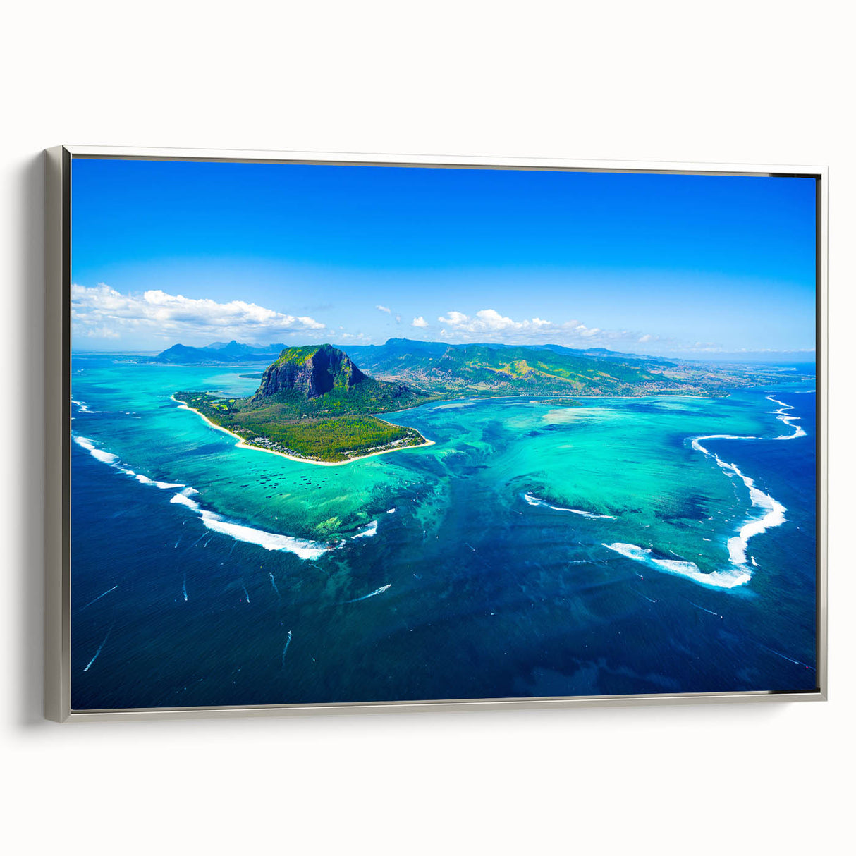 Framed canvas of vintage poster art depicting a colorful Mauritian landscape, ideal for living room decor.
