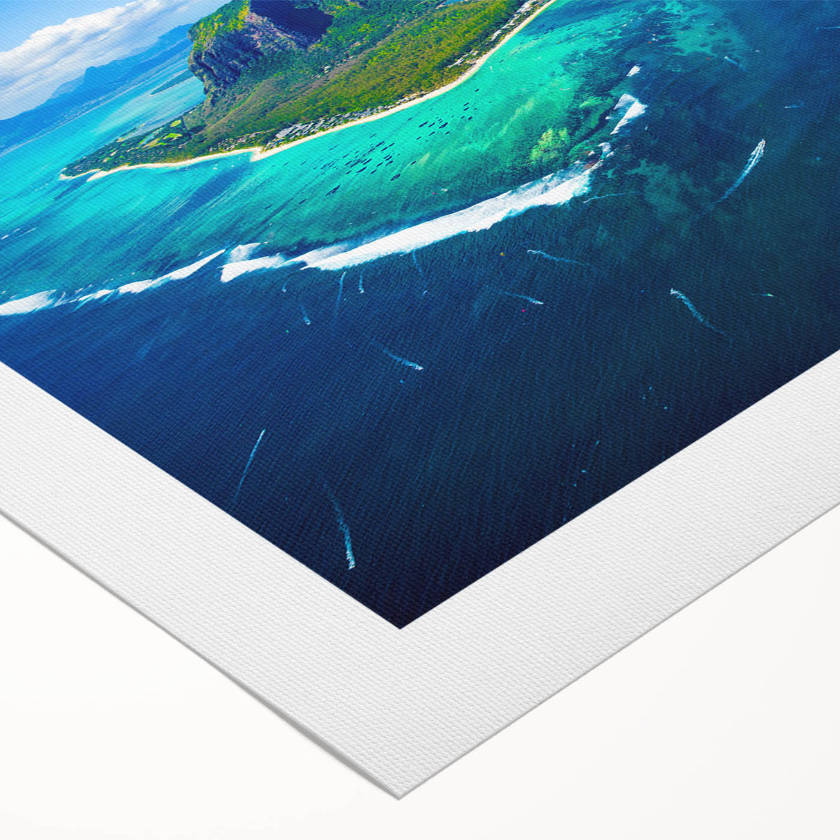 Art deco poster depicting a scenic Mauritius landscape in muted earth tones on rolled canvas, suited for dining room decor.