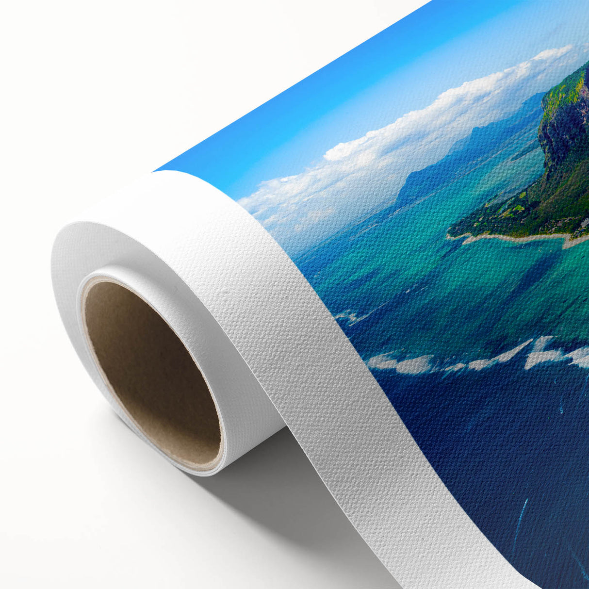 Art deco poster of a serene Mauritian landscape in soft pastel colors on rolled canvas.