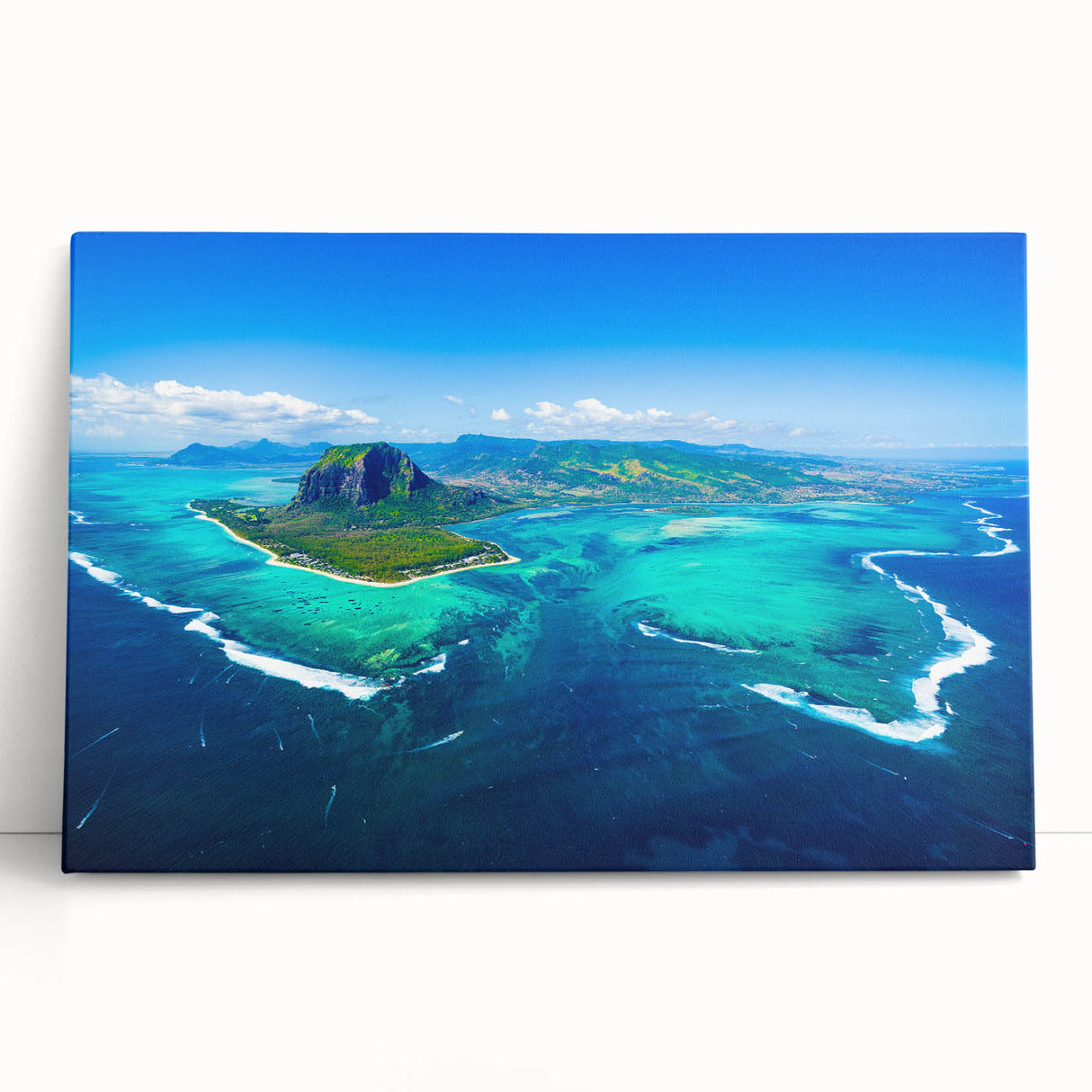 Black and white photograph of Mauritian scenery on a stretched canvas, ideal for kitchen wall art.