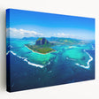 Large stretched canvas featuring a scenic view of Mauritius with vibrant blue and green tones, ideal for kitchen wall art.