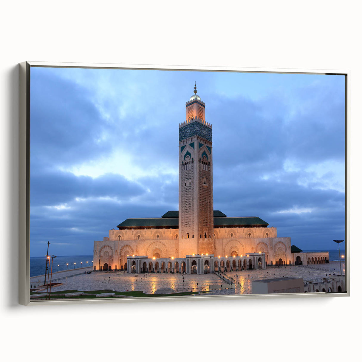 Vintage poster art of a Moroccan scenery in vibrant colors on a large framed canvas, ideal for living room decor.