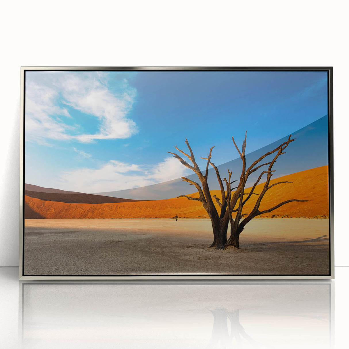 Acrylic print of an African scenery with muted earth tones in an art deco style, ideal for modern art wall decor.