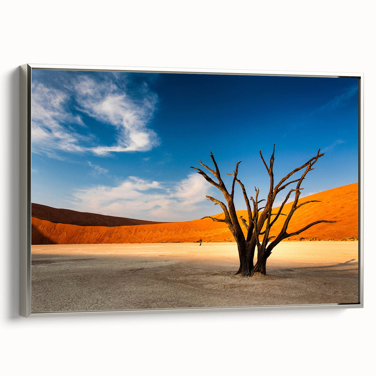Extra large framed canvas depicting a vintage poster art of Namibian scenery, with vibrant color accents.