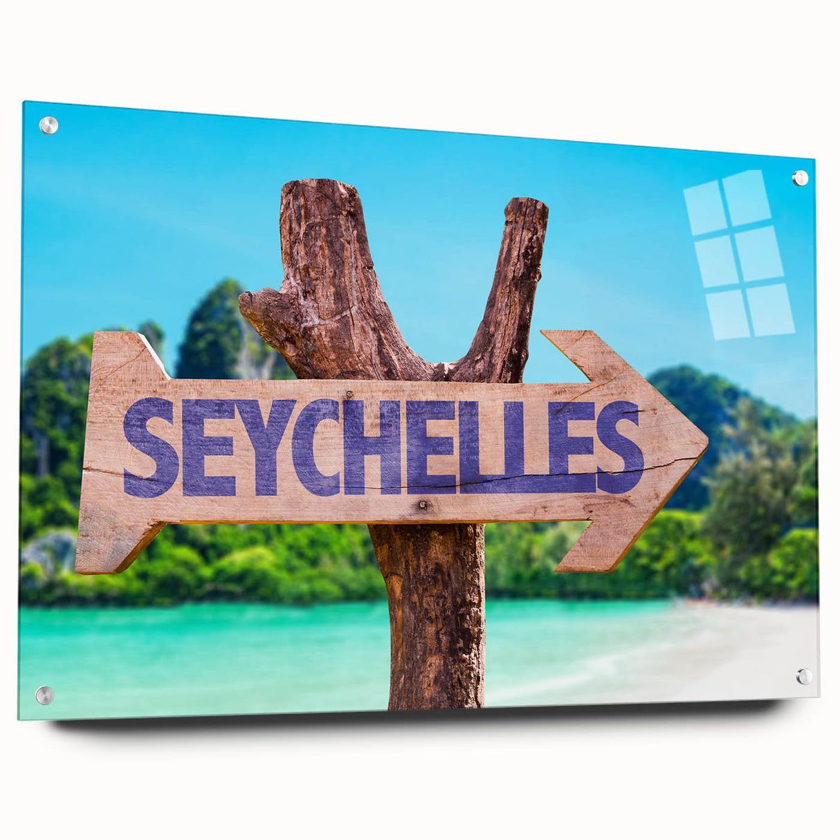 Acrylic print of a Seychelles landscape in vibrant blue and green tones, ideal for bedroom or dining room decor.