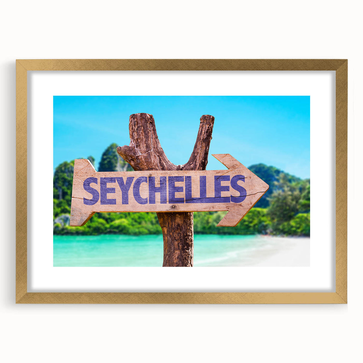 Abstract art print of Seychelles scenery in muted blue and green tones on a framed canvas, ideal for dining room decor.