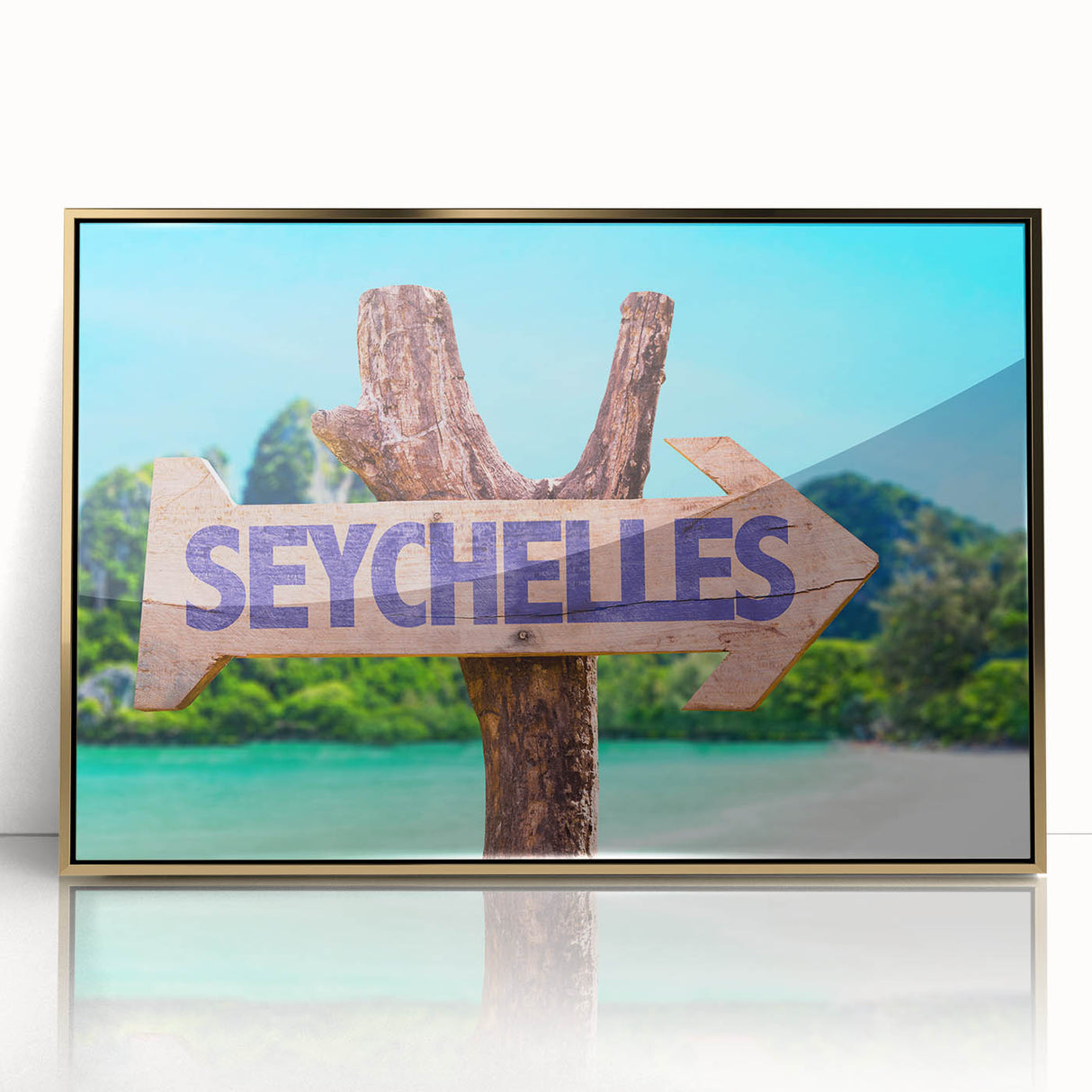 Mid-century modernist large art print of Seychelles scenery in gold-framed acrylic, ideal for modern art wall decor.