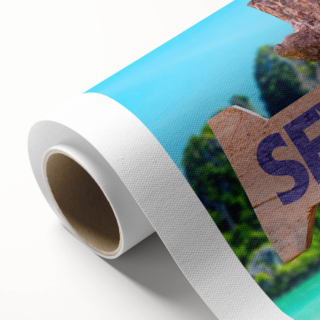 Art deco poster depicting a serene Seychelles landscape on rolled canvas, ideal for nursery wall art or dining room decor.