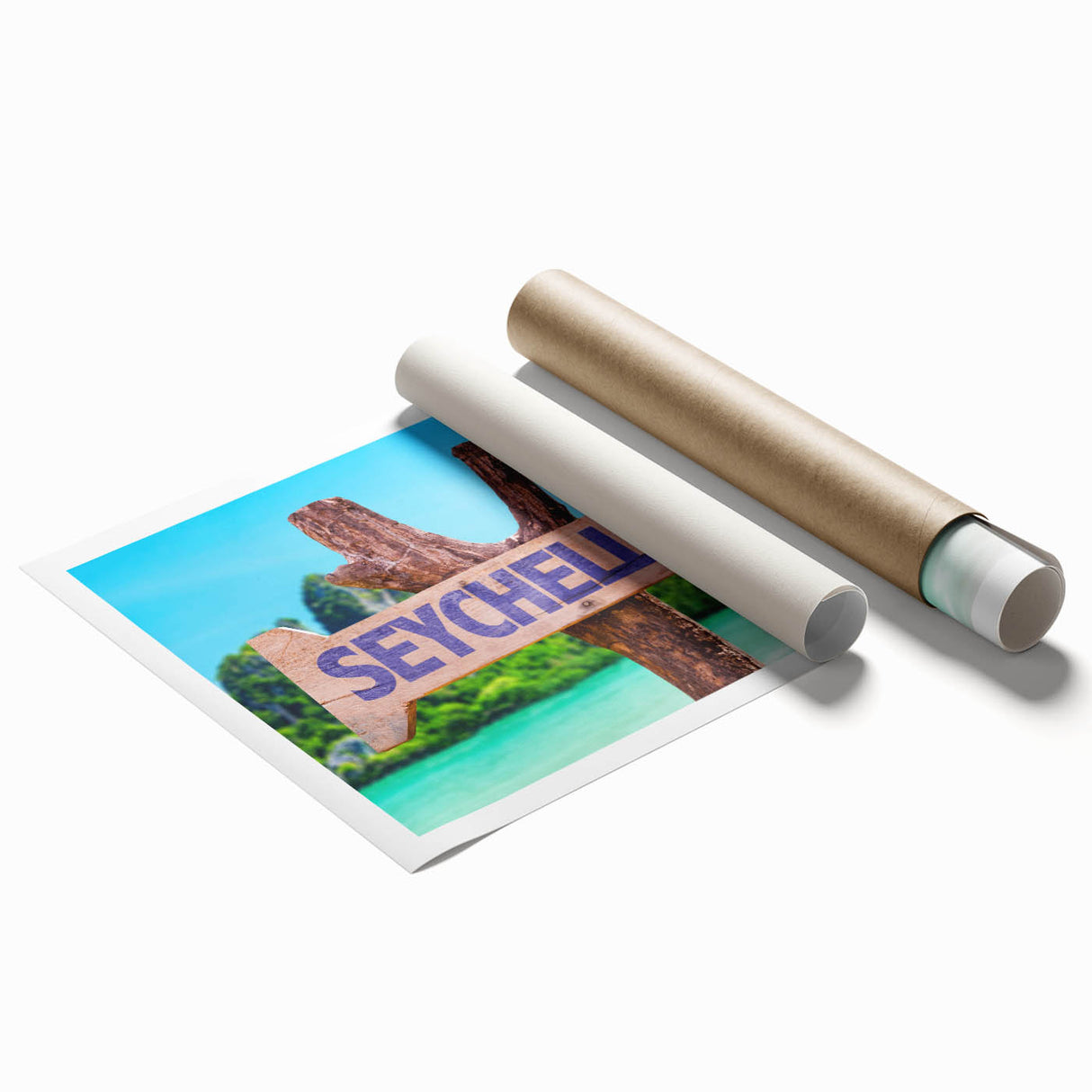 Extra large rolled print depicting a serene Seychelles beach scene with lush greenery and vibrant blue waters.
