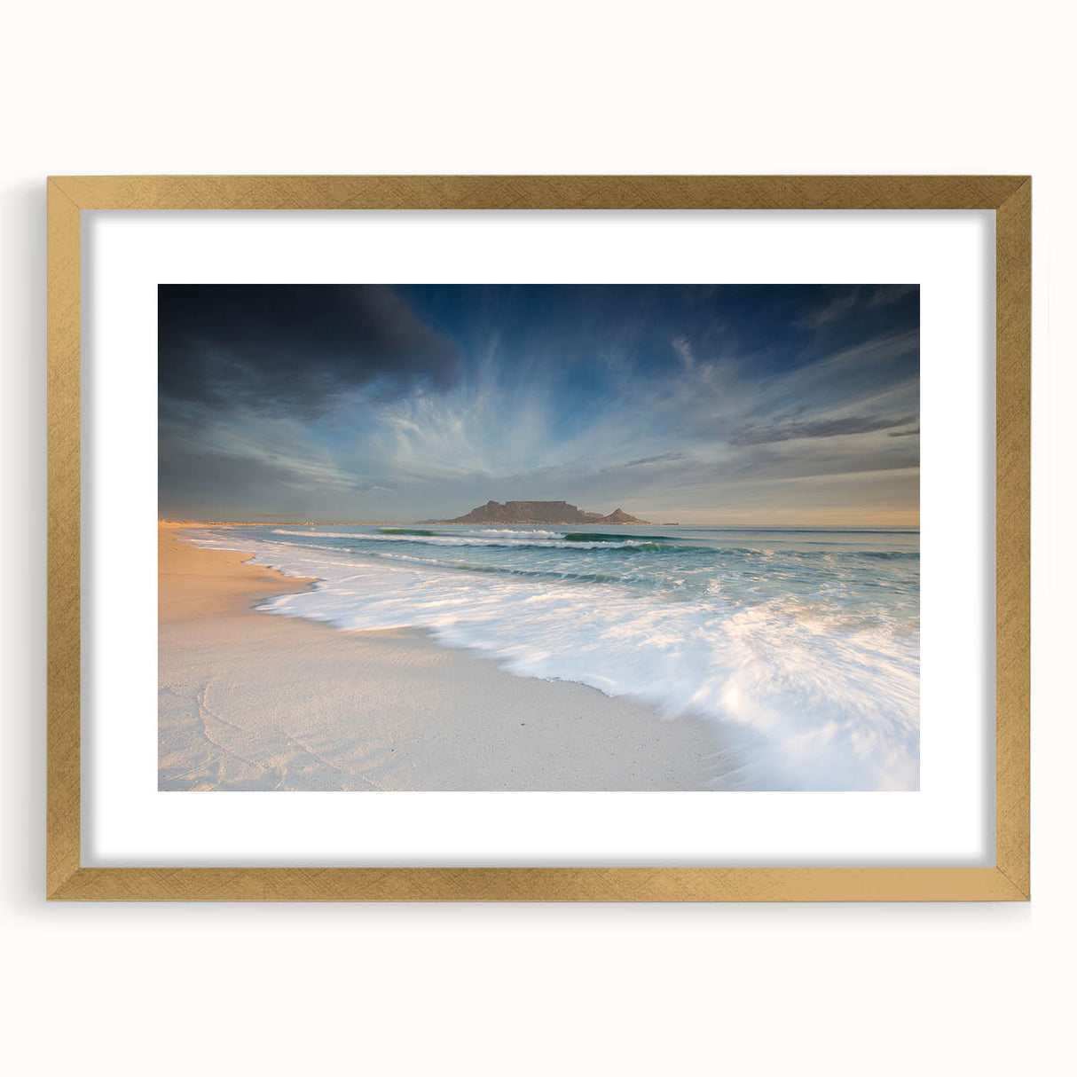 Extra large abstract art print depicting a textured African landscape in earth tones, framed in gold.