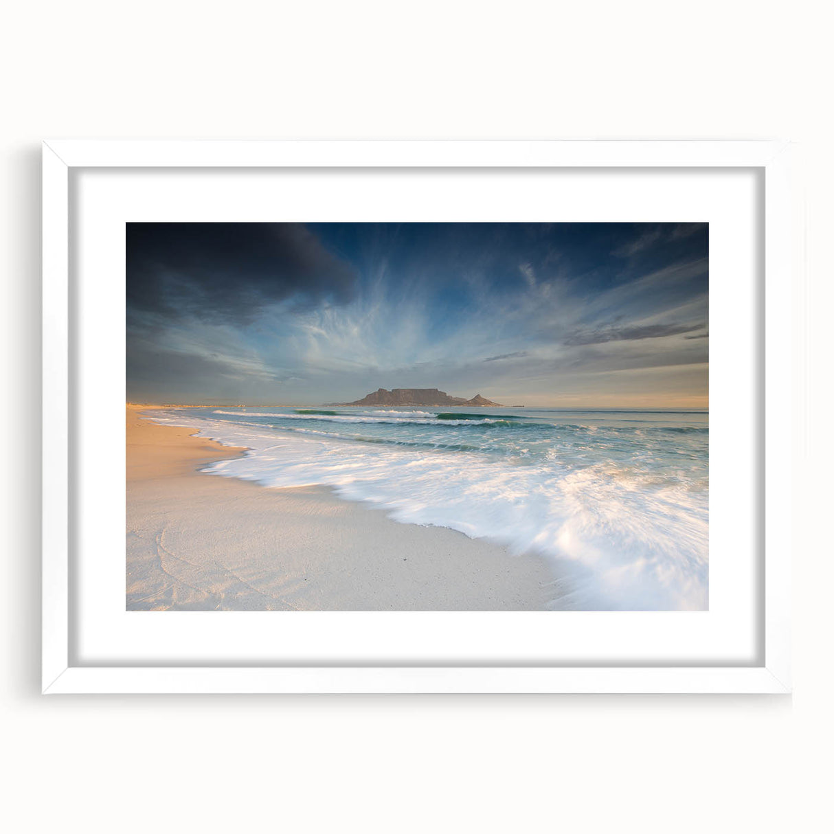 Abstract art print depicting a stylized South African landscape in earth tones on a framed white canvas.