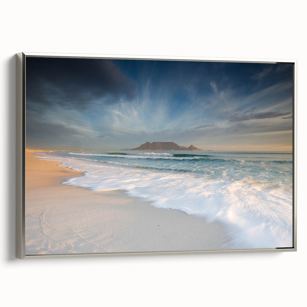 Framed canvas featuring a colorful vintage-style landscape painting of South African scenery, ideal for living room decor.