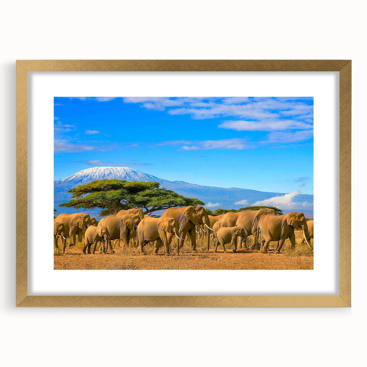 Extra large abstract art print featuring textured scenery of Tanzania in muted earth tones, framed in gold.