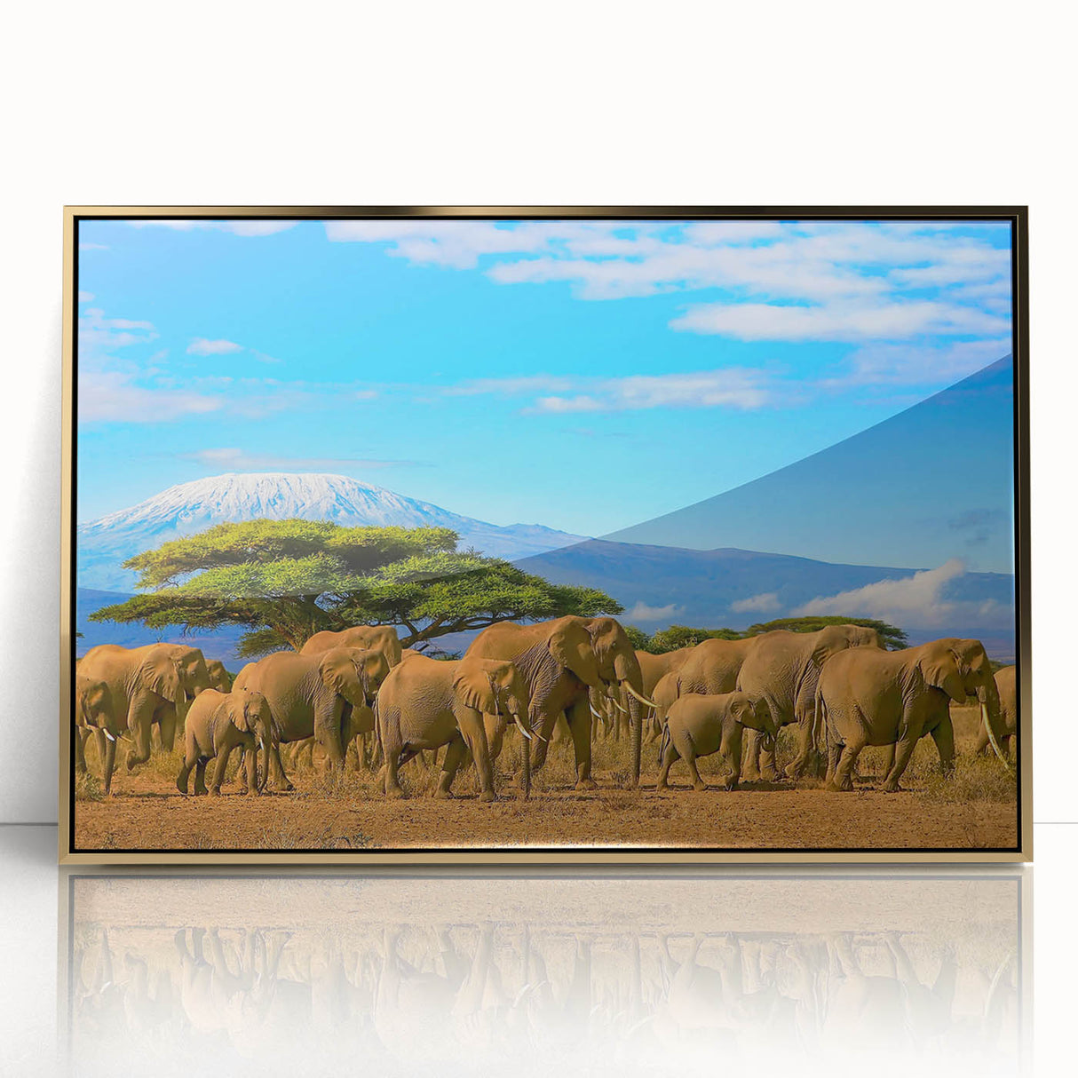 Framed acrylic print of a Tanzanian landscape in mid-century modernist style, featuring earthy tones.