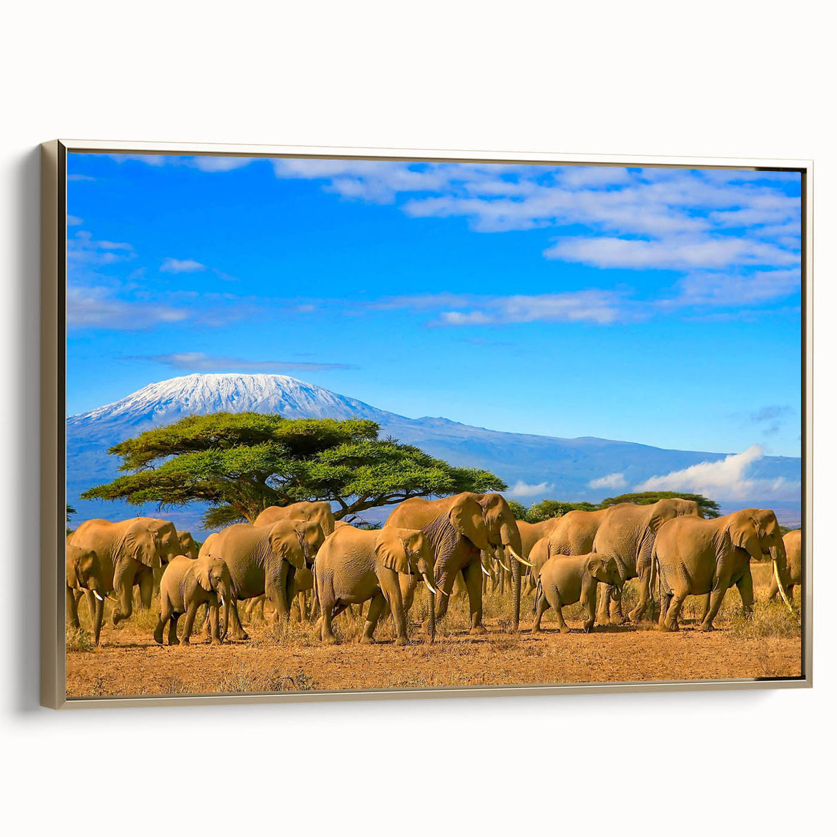 Framed canvas depicting a serene Tanzanian landscape with muted earth tones, ideal for bedroom wall art.