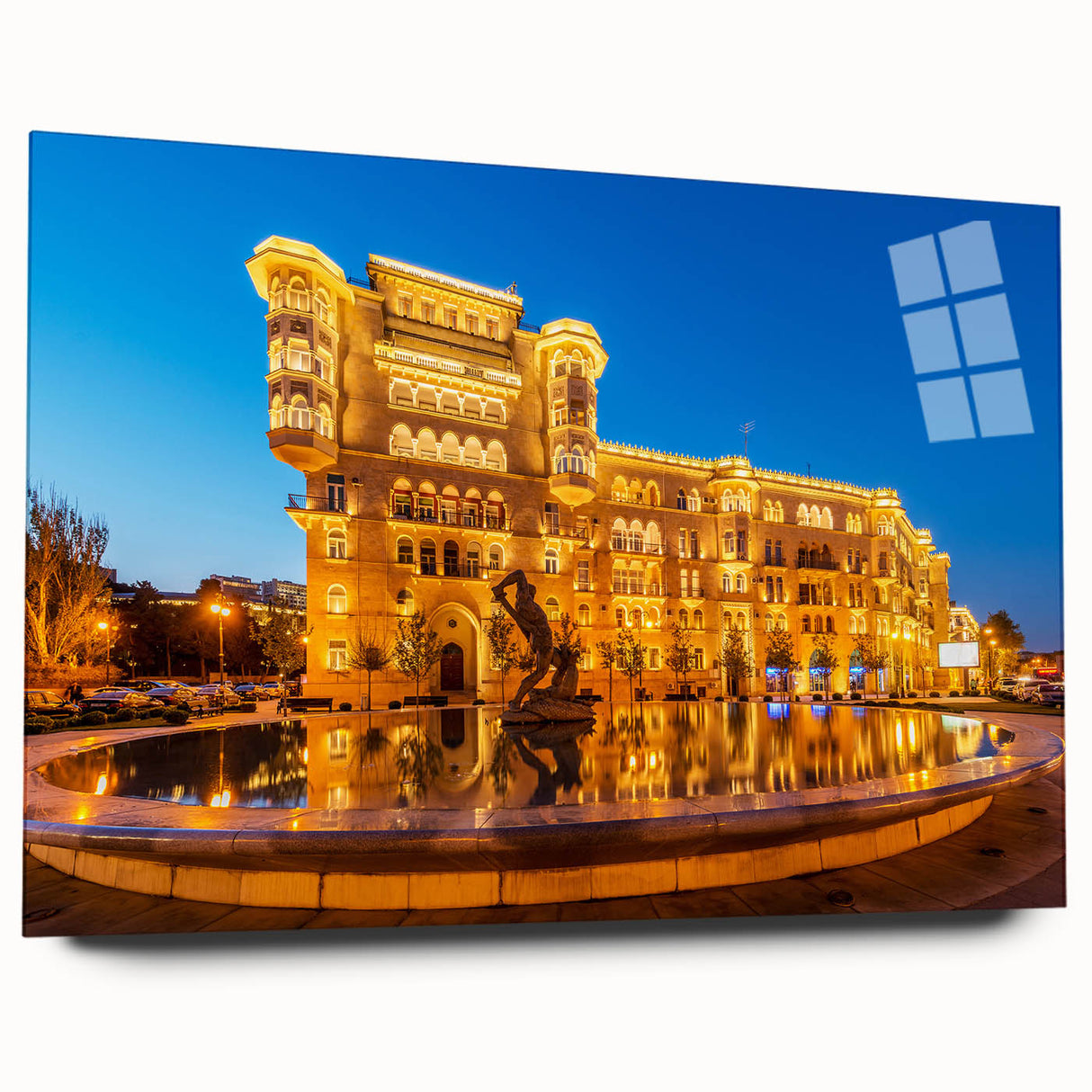 Large abstract wall art on acrylic glass depicting vibrant, colorful Asian scenery.