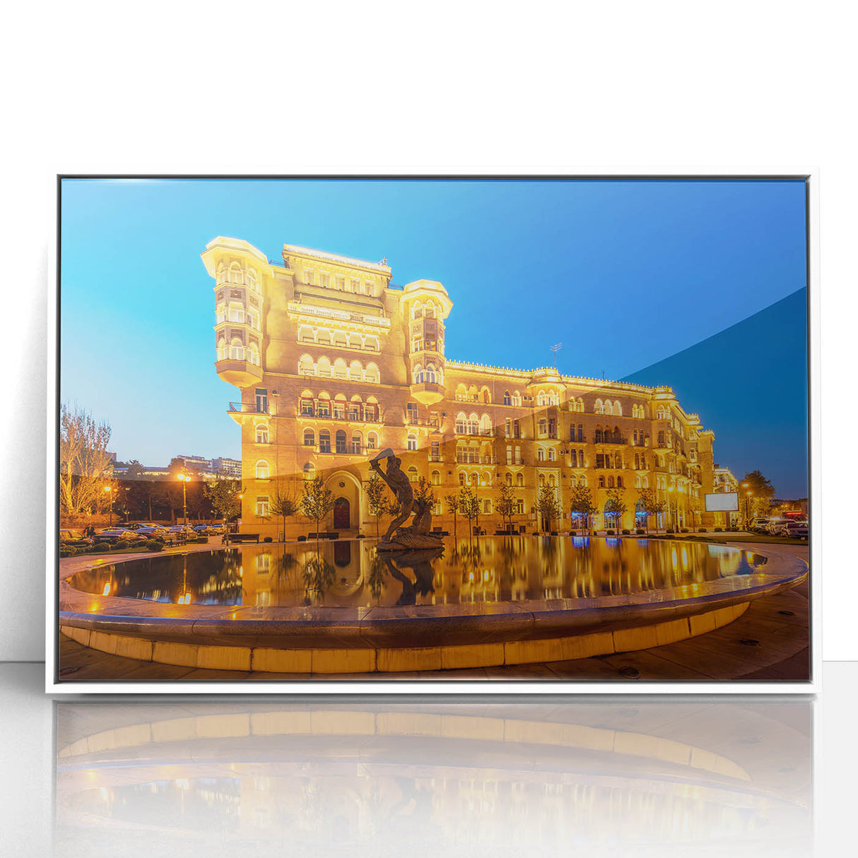 Acrylic print of an Art Deco style Azerbaijani landscape with neutral tones, ideal for modern art wall decor in a nursery.