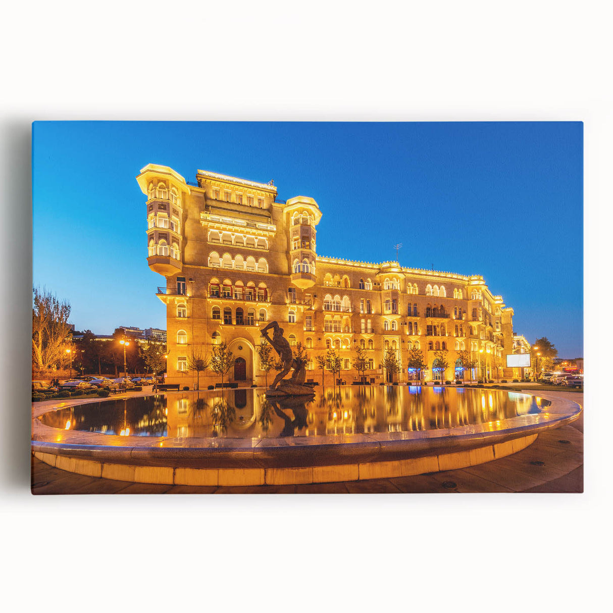 Black and white stretched canvas of an Azerbaijani landscape, ideal for kitchen wall art.