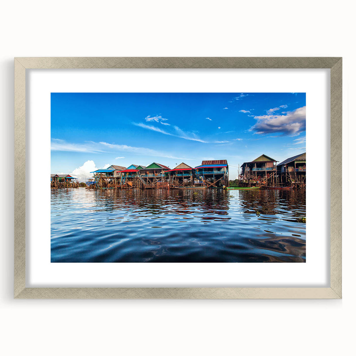 Abstract textured art of a Cambodian landscape in muted earth tones, framed in silver, ideal for bedroom art.