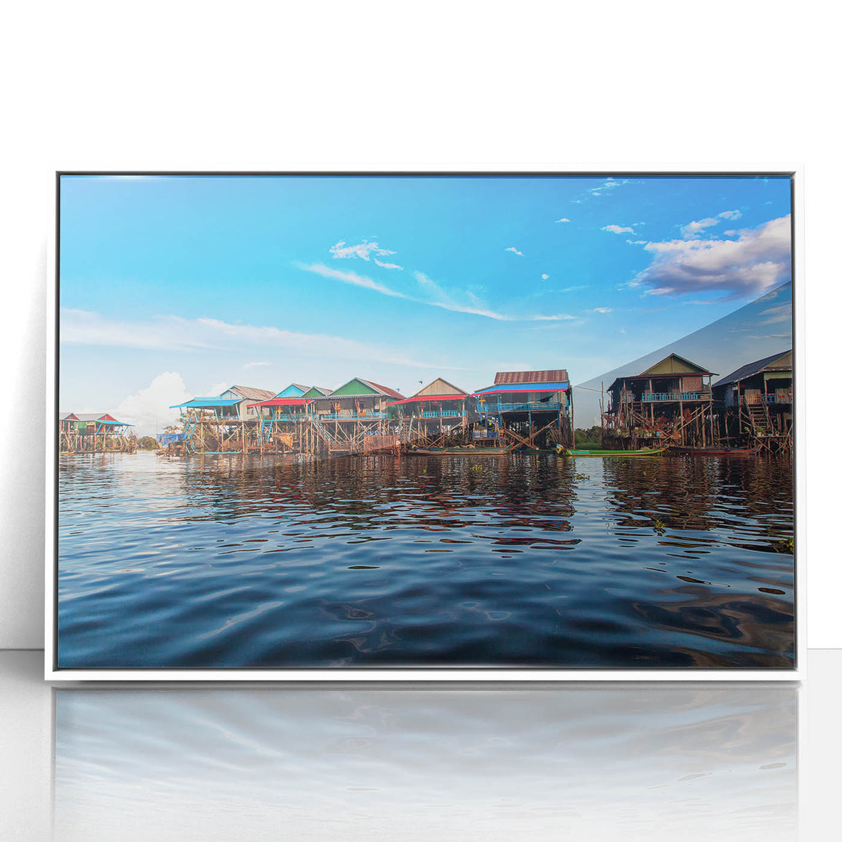 Art deco poster of Cambodian scenery in muted hues on framed acrylic, ideal for nursery wall art.