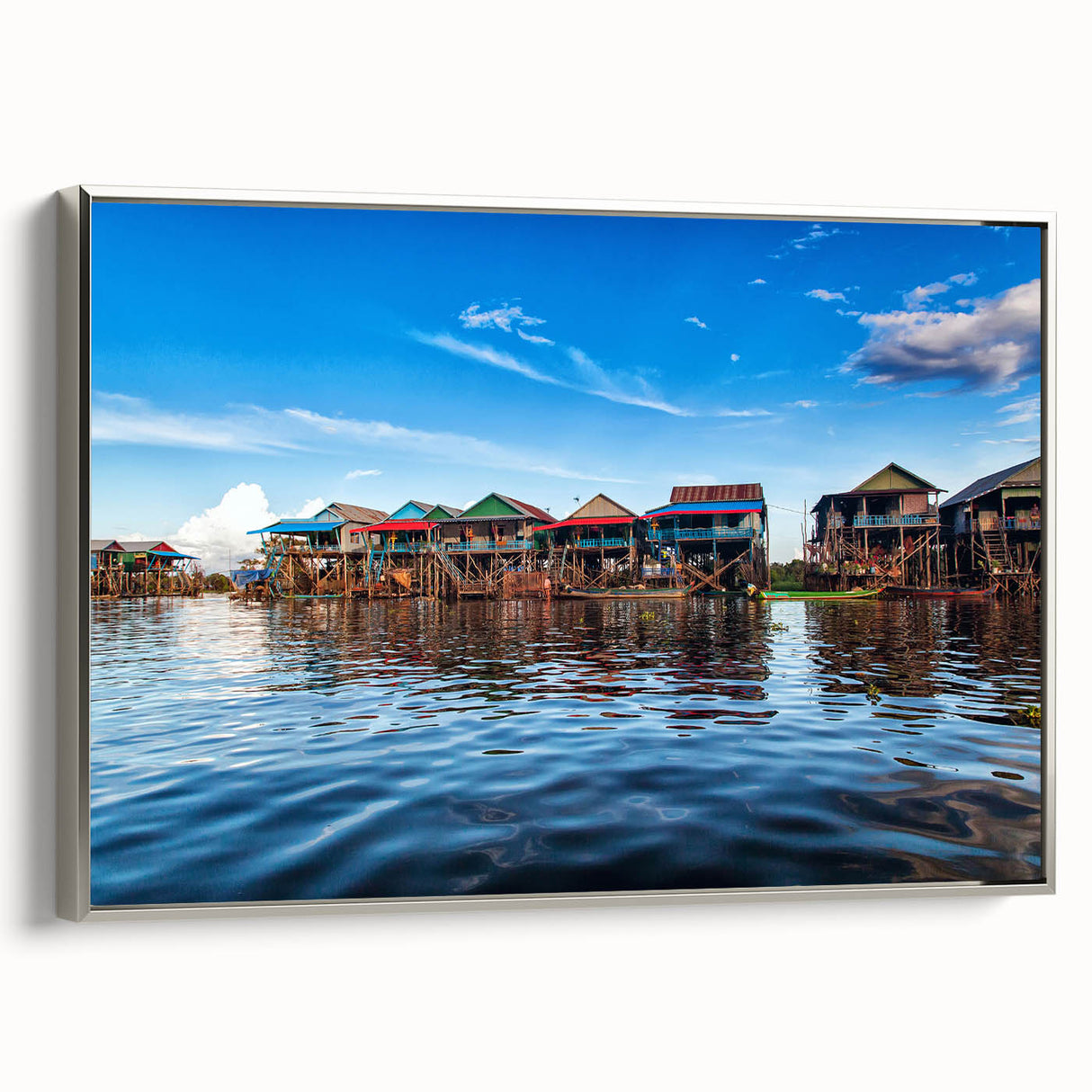 Framed canvas of a colorful Cambodian landscape painting in vintage style, ideal for adding cultural flair to a living space.