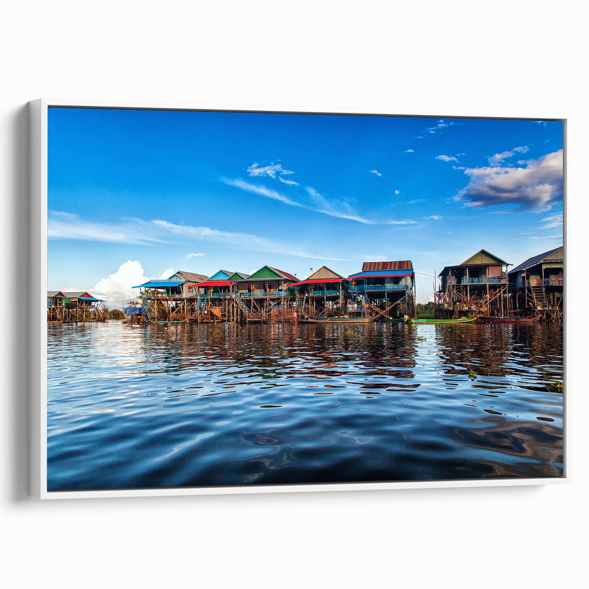 Vintage poster art of a Cambodian landscape on framed canvas, featuring vibrant colors on a black background.