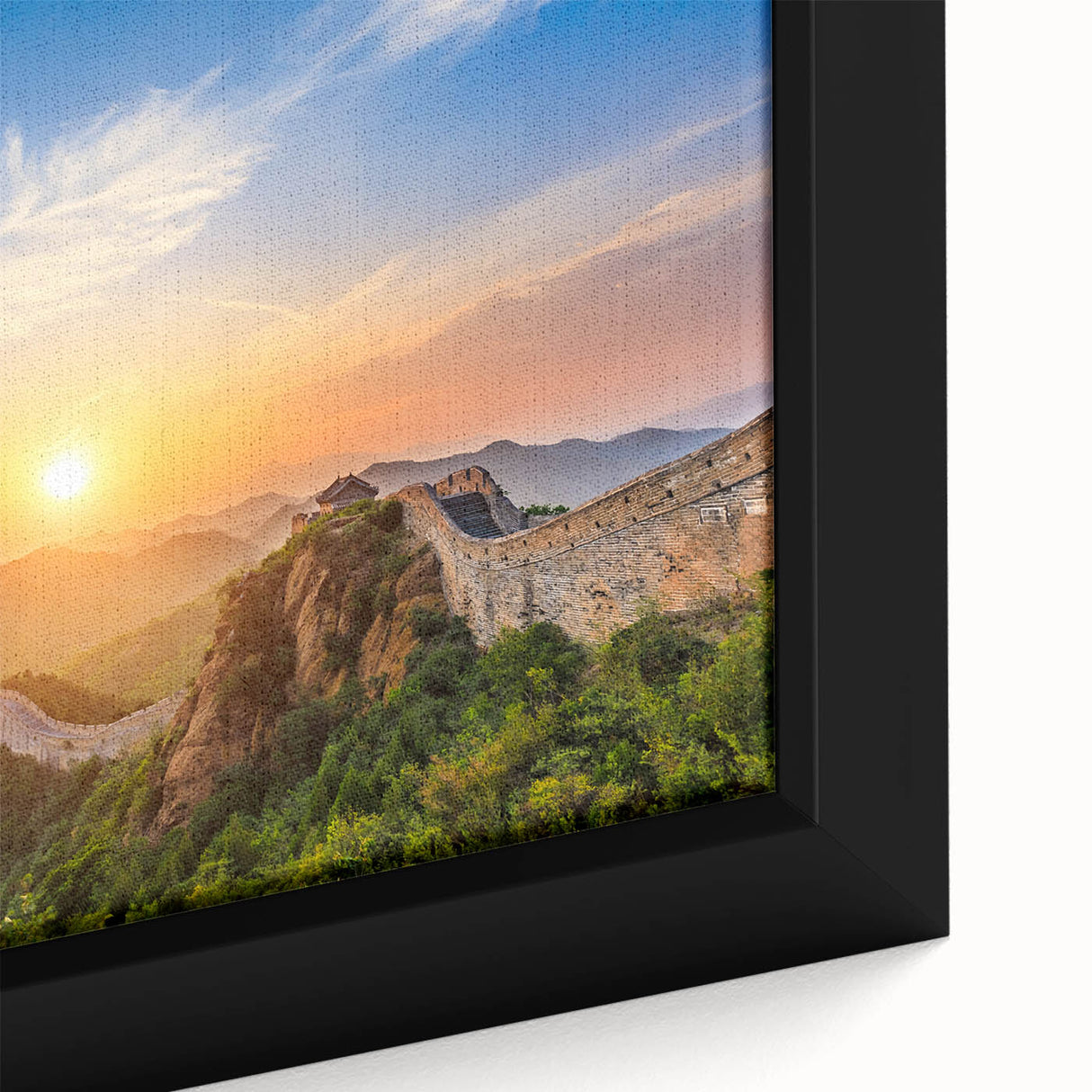 Framed canvas featuring a textured close-up of the Great Wall of China in black with colorful accents.