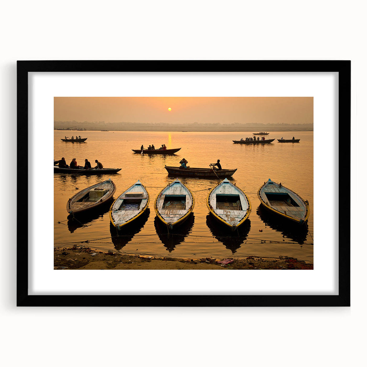 Extra large abstract art print featuring a colorful, textured depiction of an Indian scenery, framed in black.