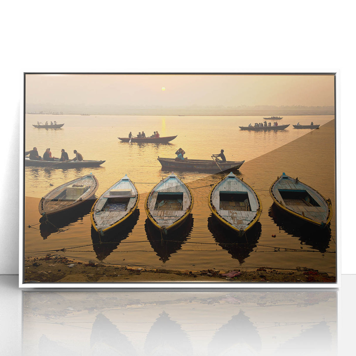 Art Deco-style poster of an Indian landscape in muted earth tones on a white acrylic frame.